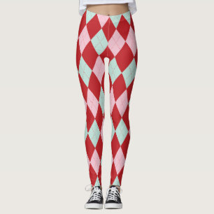 Leggings de Argyle de Natal Rosa Vermelho e Pinça
