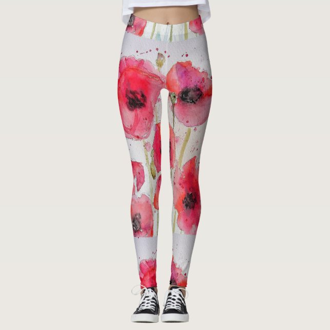 Leggings de Arte Floral Floral de Cor Vermelha (Frente)