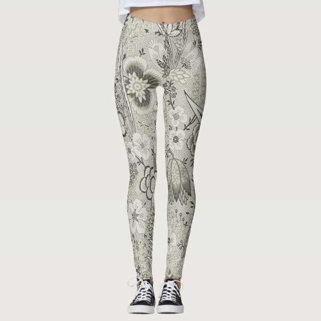 Leggings de Arte Floral Vintage em Cinzas (Frente)