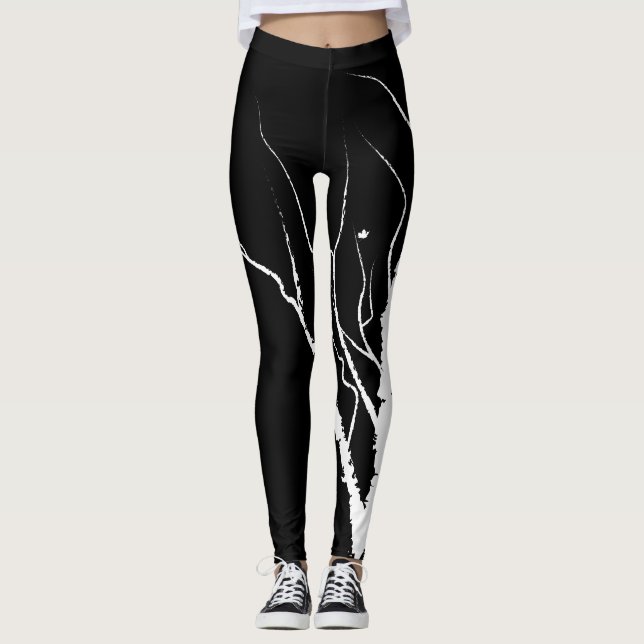 Leggings de Árvore de Outono Branco em Preto (Frente)