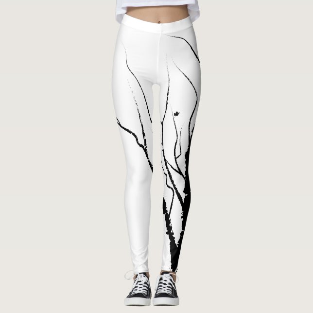 Leggings de Árvore de Outono Preto em Branco (Frente)