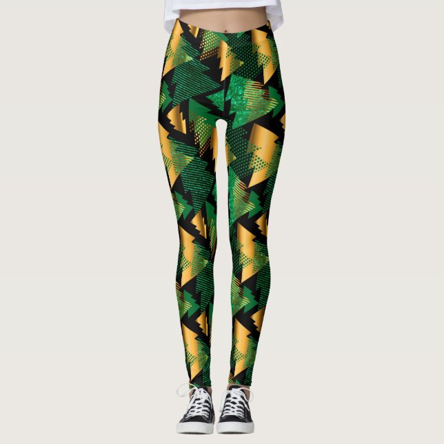 leggings de árvores de natal de ouro negro (Frente)