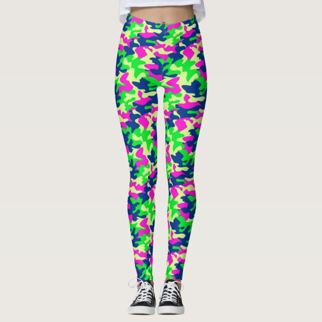 Leggings de camuflagem azul-neon, rosa e verde (Frente)