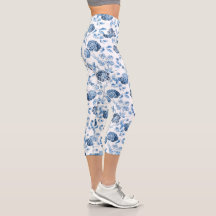 Leggings de Capri Floral Azul e Branco