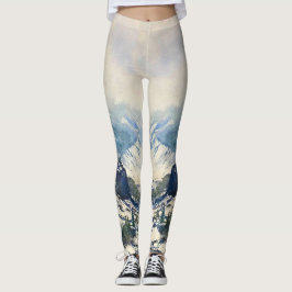 Leggings de Cena de Montanha em Aquarela