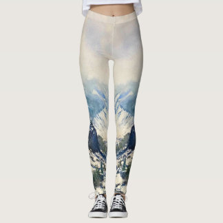 Leggings de Cena de Montanha em Aquarela
