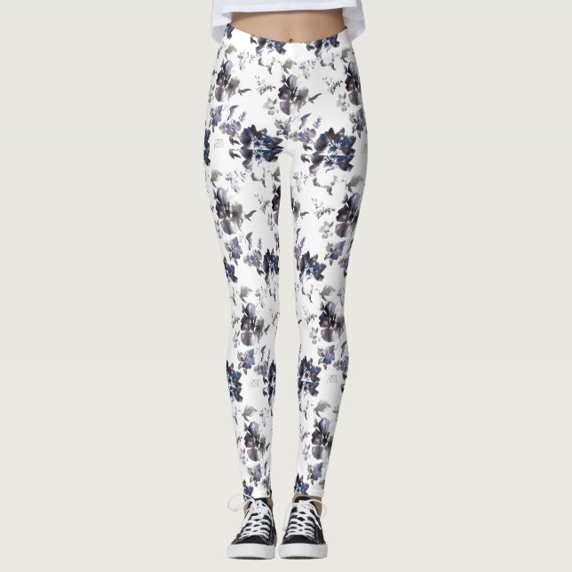 Leggings de Design de Aquarela Floral Roxa Escura (Frente)