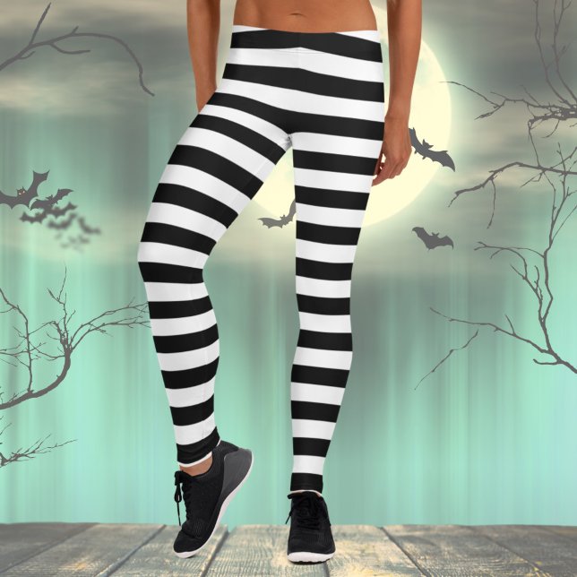 Leggings de fantasia preto e branco do Halloween (Striped Leggings, Black and White Striped Women's Leggings, Halloween Costume leggings)