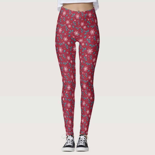Leggings de flocos de neve de Natal, Vermelho (Frente)