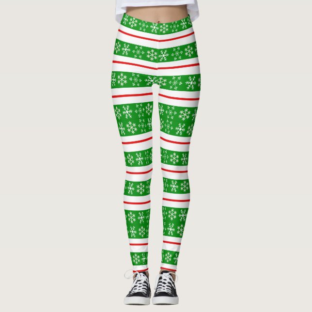 Leggings de flocos de neve vermelhos e verdes (Frente)