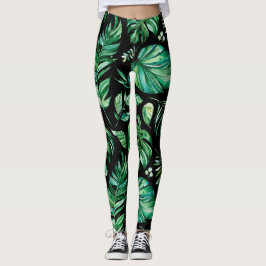 Leggings de Folha de Monstera Tropical Verde e Neg