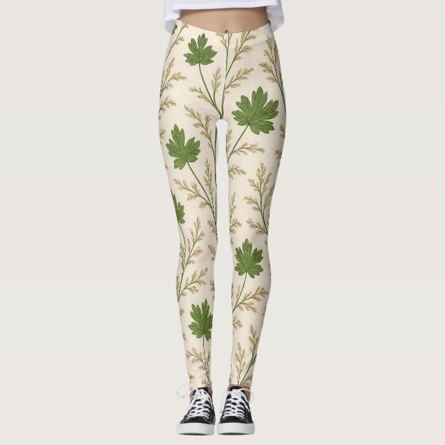 Leggings de Folhas Creme e Verde Escuro (Frente)