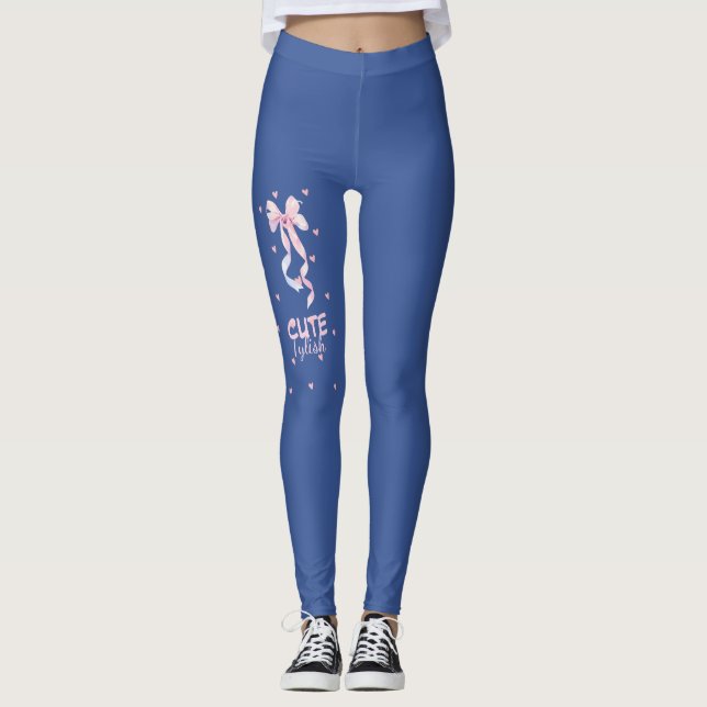 Leggings de ginásio azul jeans com laço rosa fofa  (Frente)