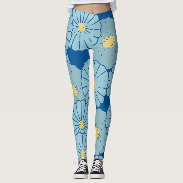 Leggings de Ilustração de Padrão Floral Japonês Az (Frente)