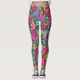 Leggings de Impressão Floral, Azul, Verde, Rosa-Qu