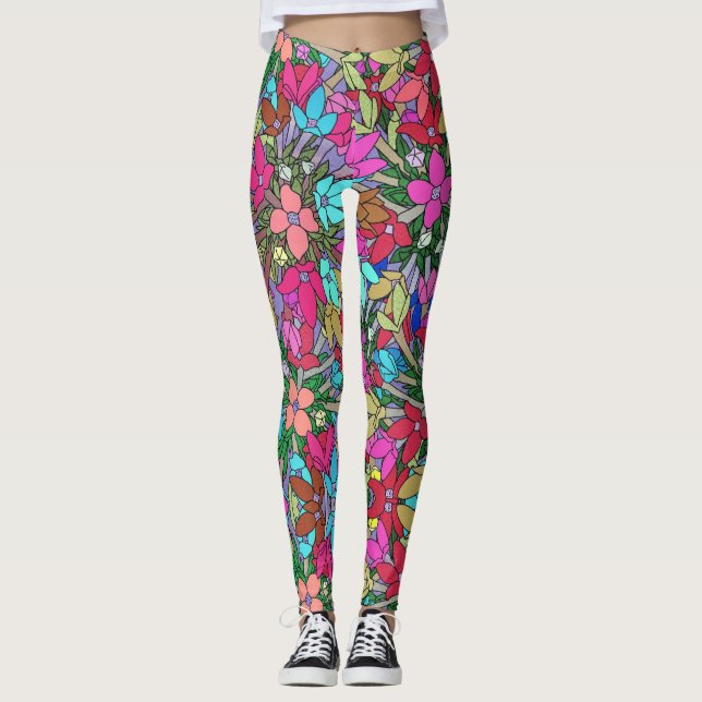 Leggings de Impressão Floral, Azul, Verde, Rosa-Qu (Frente)