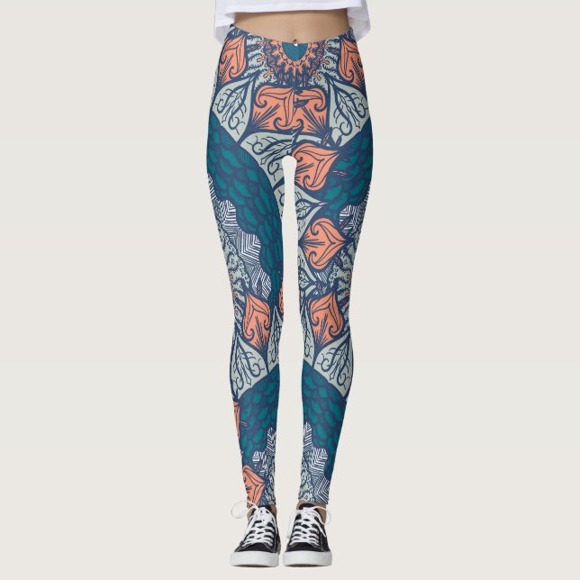 Leggings de íoga-boho-laranja e de tetos-de-mandal (Frente)