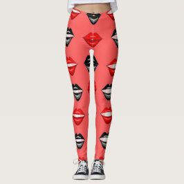 Leggings de lábios de beijo preto vermelho