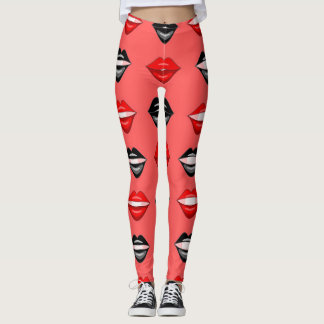 Leggings de lábios de beijo preto vermelho