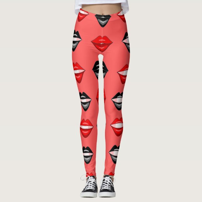 Leggings de lábios de beijo preto vermelho (Frente)