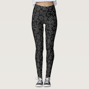 Leggings de letras do alfabeto preto feminino