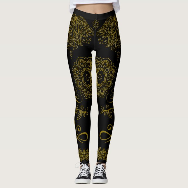 Leggings de Mandala Pretas/Douradas (Frente)