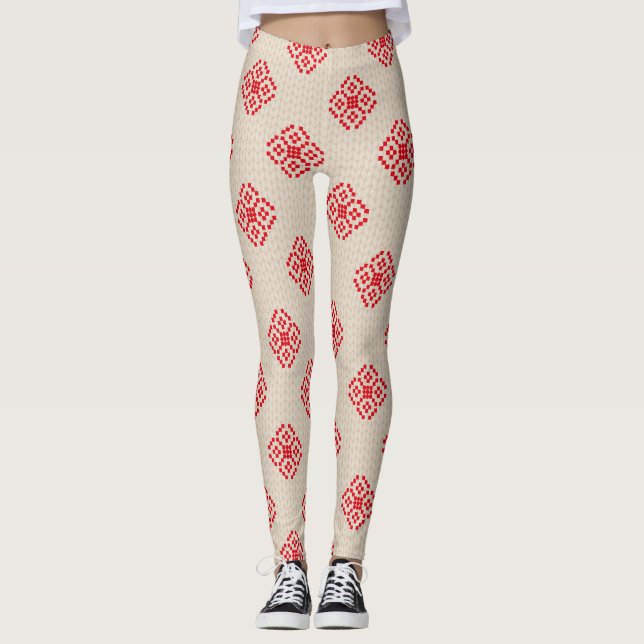 Leggings de Natal Cream Beige Red Snowflake (Frente)