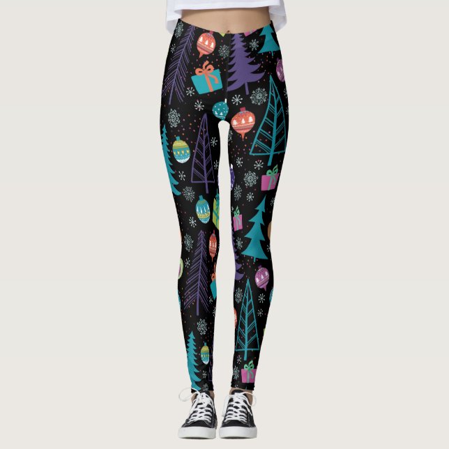 Leggings de Natal modernas com árvores e ornamento (Frente)