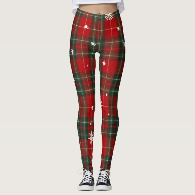 Leggings de Natal Xadrez com Flocos de Neve (Frente)
