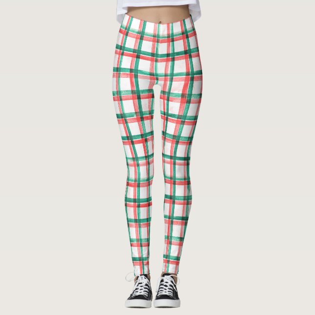 Leggings de Natal Xadrez Vermelho e Verde para Mul (Frente)