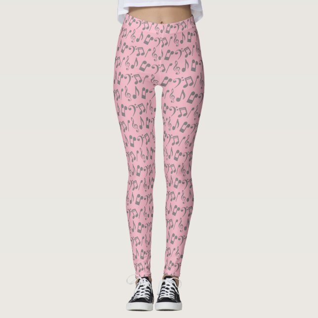 Leggings de notas de música rosa e prata (Frente)