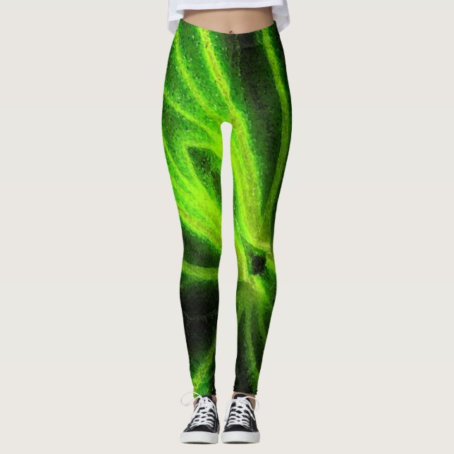 Leggings de padrão Abstrato verde neon Black (Frente)