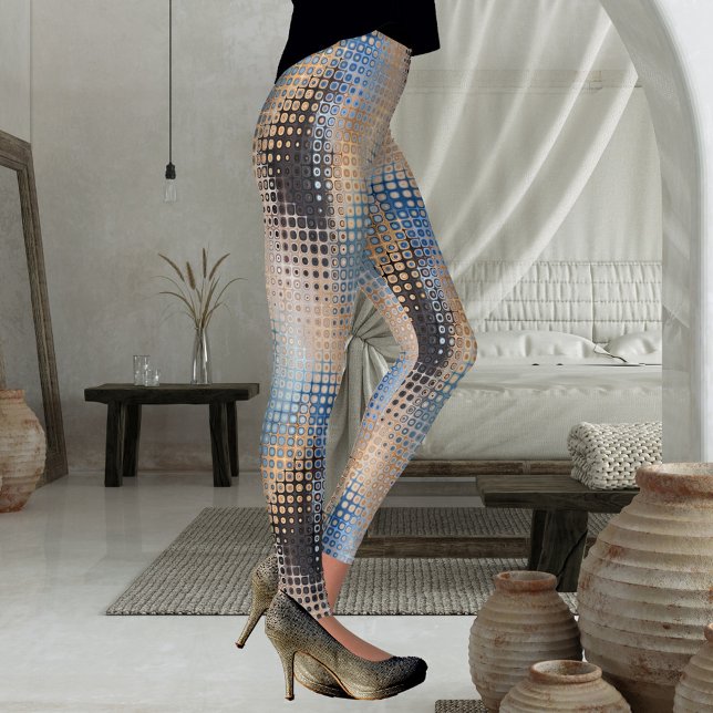 Leggings de padrão bege de Cinza azul de abstrato  (Leggings featuring an abstract tech industrial design with dots in blue, grey and beige.)