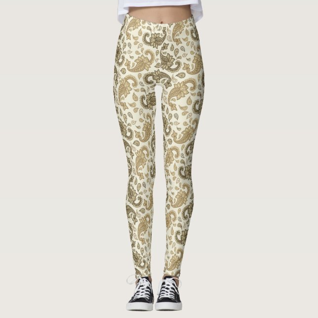 Leggings de padrão Beige-Brown Paisley (Frente)