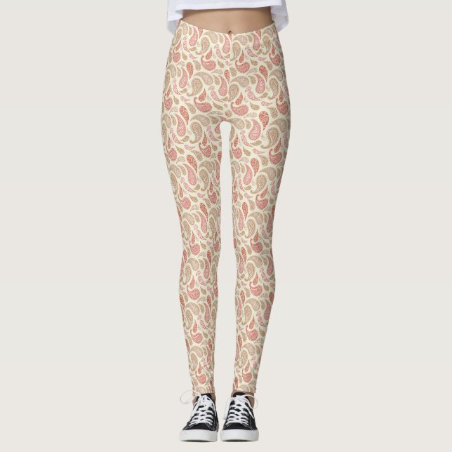 Leggings de padrão Cream-Brown Paisley (Frente)