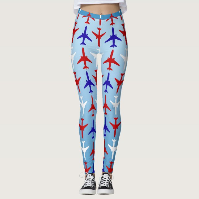 Leggings de padrão de avião branco e azul (Frente)