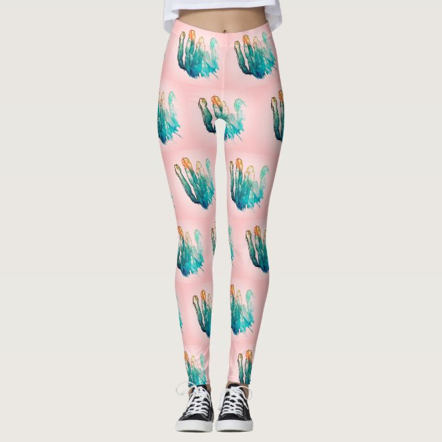Leggings de padrão de cactus rosa-turquesa impress (Frente)