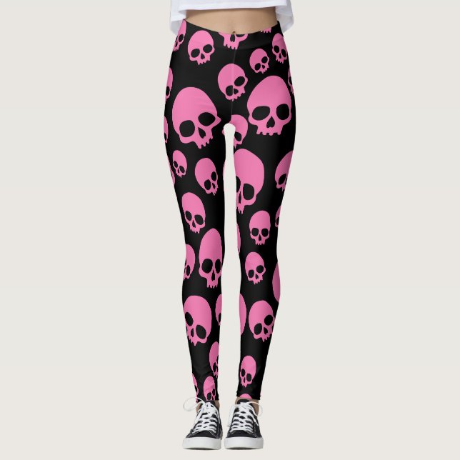 Leggings de padrão de crânios aleatórios pretos co (Frente)