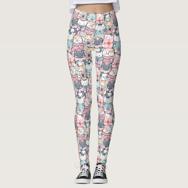 Leggings de Padrão de Gato de Inverno de Kawaii Cu (Frente)