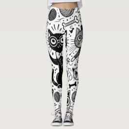 Leggings de padrão de gatos brancos e pretos engra
