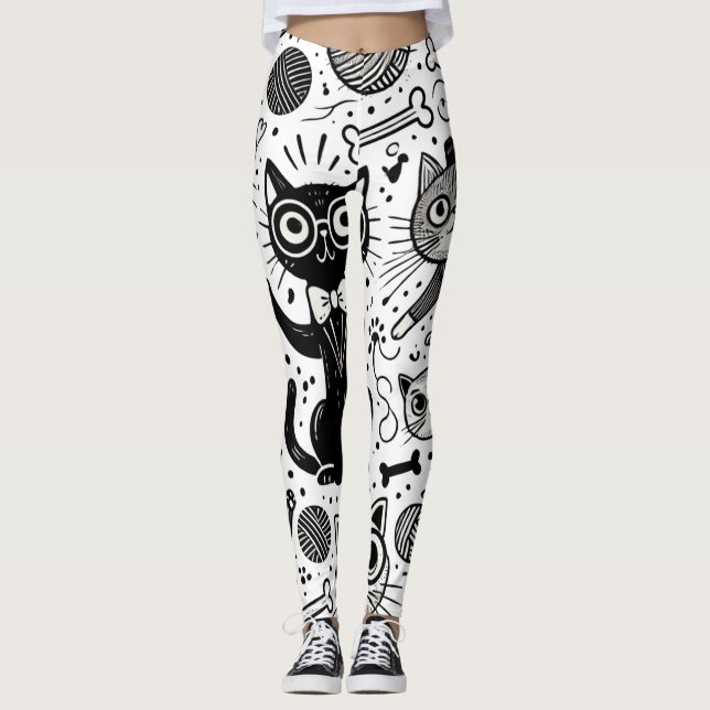 Leggings de padrão de gatos brancos e pretos engra (Frente)