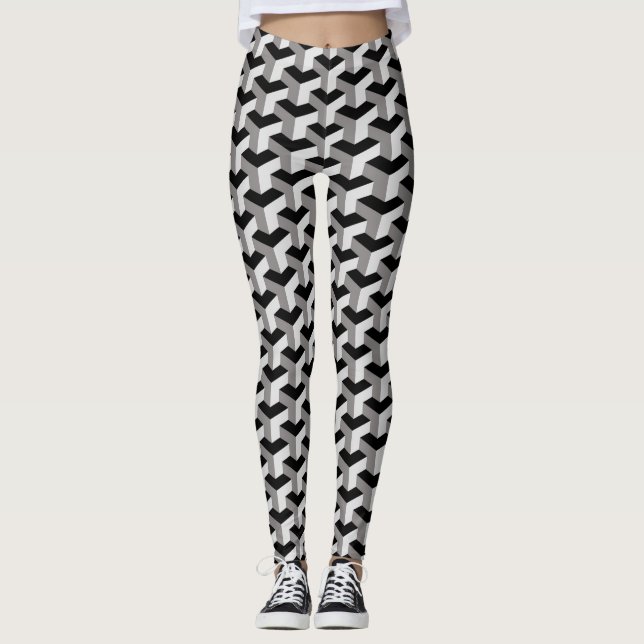 Leggings de padrão de ilusão óptica de cubos geomé (Frente)