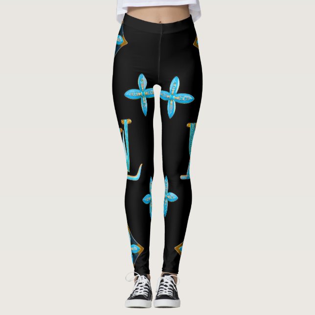 Leggings de padrão de luxo Dourado azul (Frente)