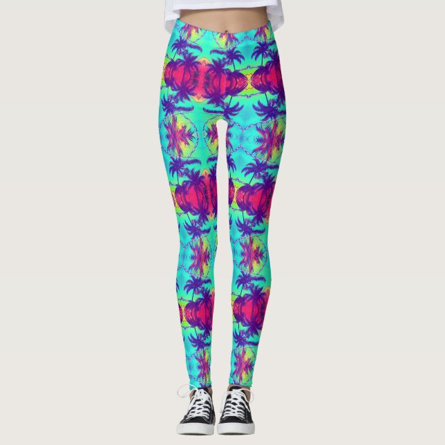 Leggings de padrão de neon Palm Trees Cósmicas (Frente)