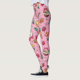 Leggings de padrão de Páscoa rosa suave