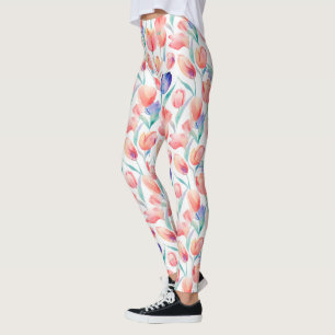 Leggings de Padrão de Tulipas de Aquarela
