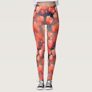 Leggings de padrão de tulipas vermelhas