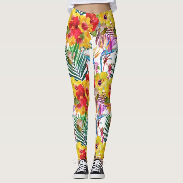 Leggings de padrão de verão do Hibiscus Tropical (Frente)