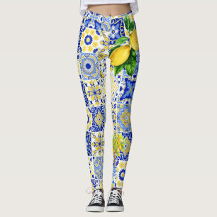 Leggings de padrão Dolce do Azulejo de limão azul 