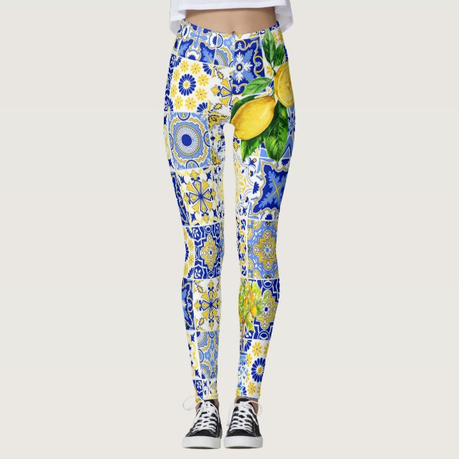Leggings de padrão Dolce do Azulejo de limão azul  (Frente)